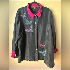 Bob Mackie Wearable Art Silk Shirt Blouse Black Sz 2X Embroidered Butterfly Top